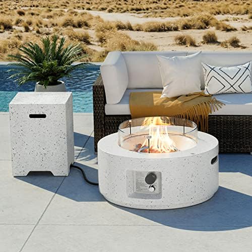COSIEST 2-Piece Outdoor Propane Fire Pit Table Set w Tank Table, 28" Terrazzo Round Fire Table (Certified, 40,000 BTU) w 16" Tank Cover Side Table 20lb, Wind Guard, Rain Cover for Garden, Pool by COSIEST