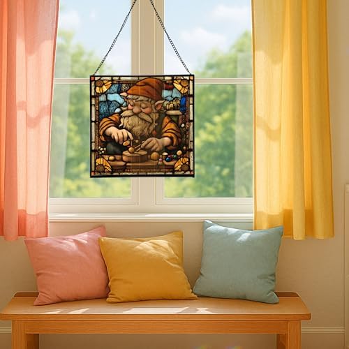 Gnome with Wooden Toys Stained Glass Suncatcher – Square Hanging Window Panel for Home, Garden, Nursery, Halloween, Christmas, Memorial Day – Whimsical Glass Art Gift for Gnome Lovers q52w30 - Image 5