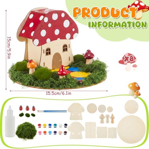 Kathfly 8 Sets Wooden Fairy House DIY Craft Kit for Kids with Paints & Decorations,Unpainted Miniature Garden Accessories for Home Event Party Decorations, Arts Birthday Party Favor (Mushroom Houses) - Image 2