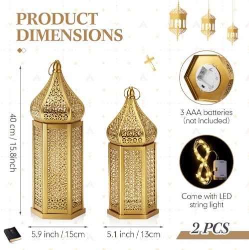 Set of 2 Ramadan Lanterns Eid Decorations 16" 14" LED Large Candle Lantern Vintage Gold Metal Moroccan Lanterns with Lights Ramadan Decor for Table, Wall, Patio, Porch, Indoor Outdoor Home - Image 2