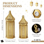 Set of 2 Ramadan Lanterns Eid Decorations 16" 14" LED Large Candle Lantern Vintage Gold Metal Moroccan Lanterns with Lights Ramadan Decor for Table, Wall, Patio, Porch, Indoor Outdoor Home - Image 2