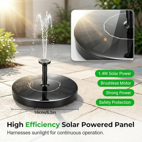 Solar Bird Bath Fountains, 2026 Upgrade 1.4W Solar Fountain Pump with 6 Nozzles, Free Standing Floating Solar Powered Water Fountain Pump for Bird Bath, Garden, Pond, Water Feature Outdoor (1, 5.1in) - Image 5