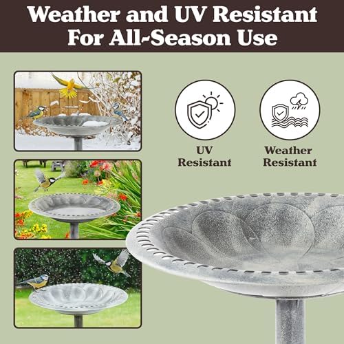 Outdoor Antique-Style Bird Bath - Weather-Resistant Polyresin Basin with Vintage Design and Ground Stakes - Yard and Patio Decor by Pure Garden (Gray) - Image 4