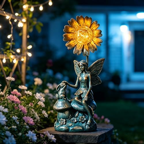 Garden Solar Fairy Statue - Mushroom Seat, Touching Rabbit, Iron Flower Glass Ball, Whimsical Outdoor Ornament - Image 3