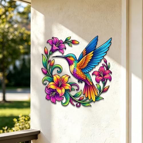 Hummingbird Metal Sign Floral Wall Art Colorful Bird Plaque Rustic Iron Decor for Garden Patio Porch Living Room Indoor Outdoor Hanging Ornament (24 INCH) - Image 3