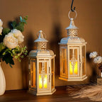 JHY DESIGN Set of 2 Rustic Decorative Lanterns 10" H Vintage Hanging Lantern Metal Candleholder for Indoor Outdoor, Events, Parities, Patio and Wedding(White with Gold Brush) - Image 6