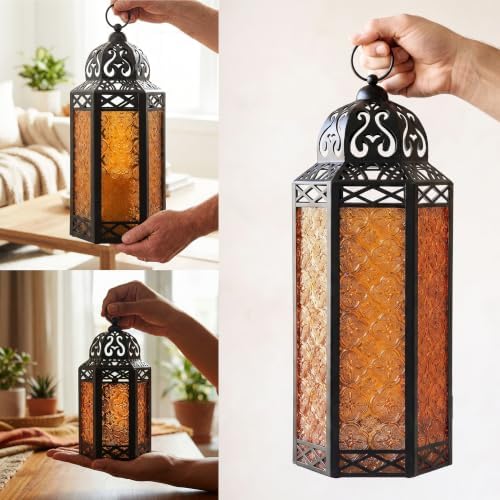 VELA LANTERNS Set of 3 Amber/Orange Glass & Black Metal Moroccan Candle Lantern Holders (XL, Large, Small) - Decorative Indoor/Outdoor Decor for Patio, Floor, Weddings & Ramadan - Image 6