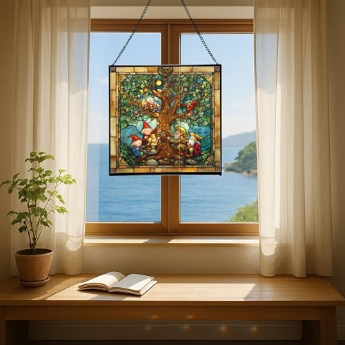 Gnome with Family Tree Stained Glass Suncatcher – Square Hanging Window Panel for Home, Garden, Nursery, Halloween, Christmas, Memorial Day – Whimsical Glass Art Gift for Gnome Lovers 1cp3fp - Image 6