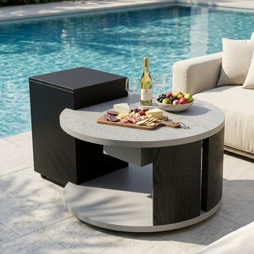 50,000 BTU Round Propane Gas Fire Pit Table, Smokeless Table Top Firepit with Storage Cabinet & Open Shelf, Stainless Steel Burner, ETL Certified, Propane Gas Fire Pit for Patio,Black & Grey - Image 3