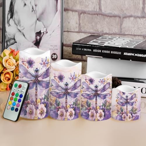 Purple Dragonfly Flameless Candle with Remote Control Electric LED Pillar Candle Timer Color Changing Long Lasting Pack of 4 Battery Candles - Image 4