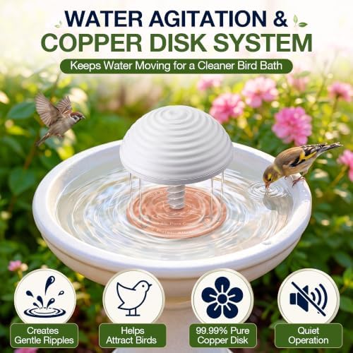 Bird Bath Water Agitator with 2 Round 99.99% Pure Copper Disk, Battery Powered Bird Bath Circulator, Quiet Waterproof Mover Keeps Water Fresh for All Season Use (Gray Spiral) - Image 2