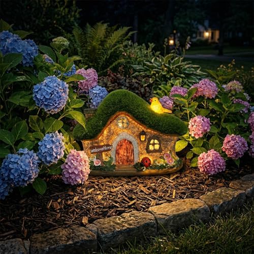 Resin Fairy House Statues with Solar Lights Outdoor for Garden Decor Funny Birds Ladybird Flocked Fairy House with Garden Figurine Patio Yard Lawn Decorations Gift for Mom Women (Green 1) - Image 6