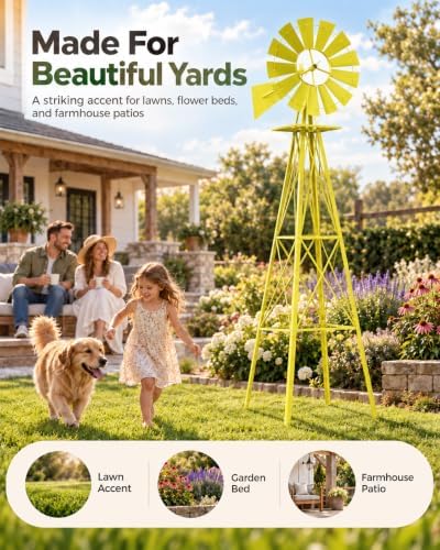 8FT Windmill for Yard Garden Decoration with Weather Vanes，Heavy Duty Outdoor Wind Mills, Large Metal Outdoor Windmill,Weather Resistant,Yellow - Image 2