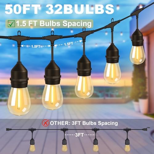 50FT Outdoor String Lights 32Bulbs (1.5FT Bulbs Spacing),120W Dimmer Remote - Image 2