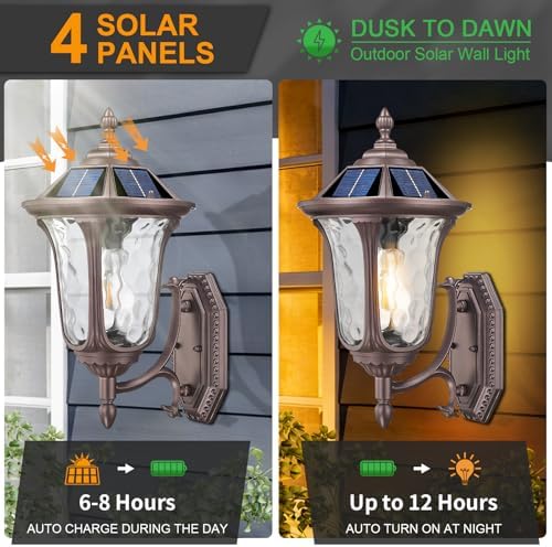 Outdoor Light Fixtures Wall Mount Dusk to Dawn Solar Exterior Wall Sconce Lanterns Remote Control with Water Ripple Glass Lamp Shade for Patio Yard House Hallway, 17'' Medium ORB Color - Image 2