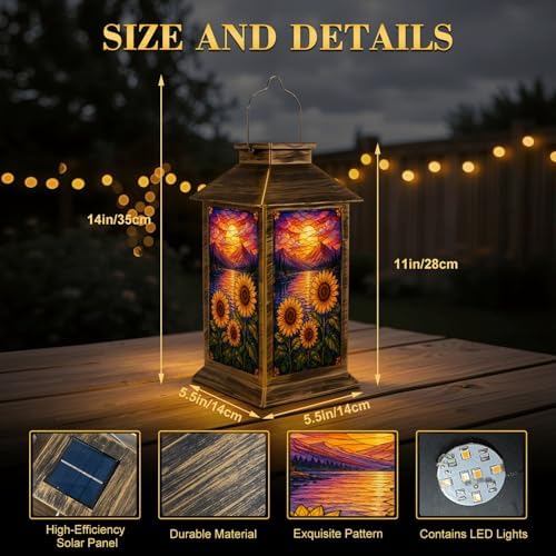 Solar Lantern Outdoor Waterproof Vibrant Sunflowers Colorful Sunset Mountains Lake Stained Glass Style Garden Decor LED Hanging Solar Lights Tabletop Lamp Gifts for Women Mom Outside Yard Patio Porch - Image 2