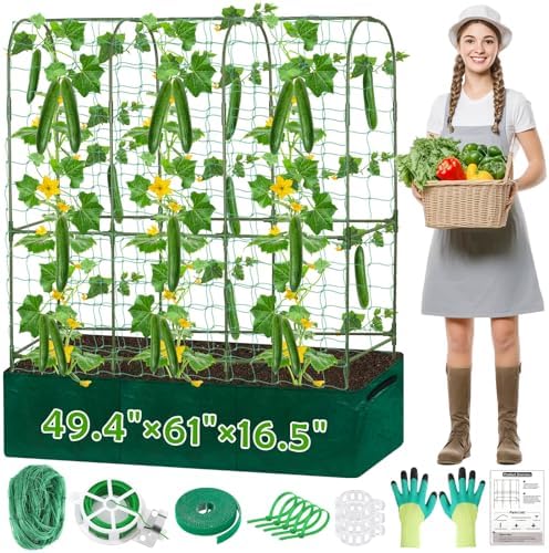 ROADPLUM Cucumber Trellis for Climbing Plants with Grow Bag, 61" Tall Metal U-Frame Garden Trellis for Raised Bed with Garden Netting and Plant Clip Plant Ties for Vegetables, Squash, Pea, Grape by ROADPLUM