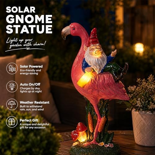 Candieslife Middle Finger Gnome Riding Flamingo 13in, Funny Garden Statue Solar Powered Outdoor Yard Decor with LED Beer Bottle & Mushrooms, Waterproof Naughty Lawn Ornament Gag Gift for Patio, Porch - Image 5