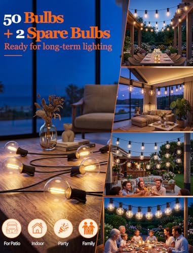 50FT G40 LED Outdoor String Lights, 50+2 Shatterproof Bulbs, Black Wire - Image 6