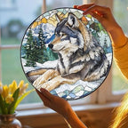 Watercolor Wolf Forest Stained Glass Window Hanging Sun Catchers Animal Trees Mountain Landscape Glass Panel Hangings Wolf Lover Gift Window Hanging Birthday Father's Day 11.8inch - Image 2