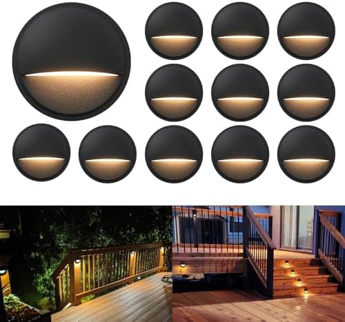GKOLED 12 Pack Low Voltage LED Deck Lights, Landscape Step Lights Fixtures, 2W Integrated LED Chips, Die-cast Aluminum 12V AC/DC Railing Post Accent Lighting, Black Powder Coated Finish, UL-Listed by GKOLED
