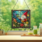 Gnome and Hummingbird Stained Glass Suncatcher – Square Hanging Window Panel for Home or Greenhouse – Whimsical Glass Art Gift for Garden Lovers, Christmas, Halloween, Father Days BoR1o4 - Image 2