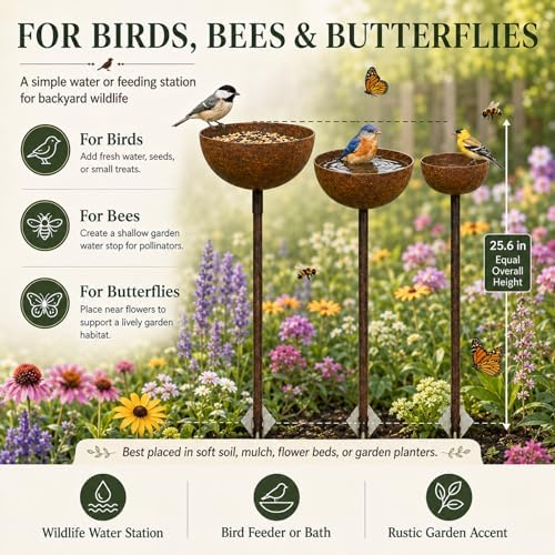 3 Pack Rustic Metal Bird Bath Stake Set for Outdoors, Garden Bird Bath Bowls with Ground Stakes, Bird Feeder Rain Catcher Wildlife Water Station for Birds, Bees & Butterflies - Image 4