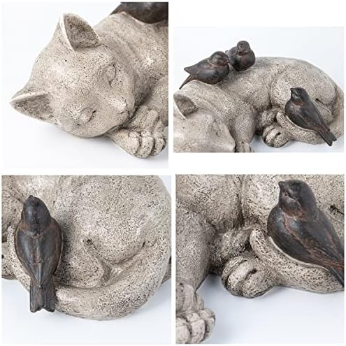 Sleeping Cat Garden Statues Outdoor - 12" Sparrows On Cat Figurine Memorial Statue Grave Markers Garden Resin Statues for Outdoor Decor Outdoor Statue Resin 12" x 8" x 4.5" - Image 3