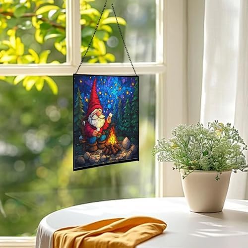 Camping Gnome Delight Stained Glass Suncatcher – Square Hanging Window Panel for Home or Greenhouse – Whimsical Glass Art Gift for Garden Lovers, Christmas, Halloween, Father Days vBfqWL - Image 3