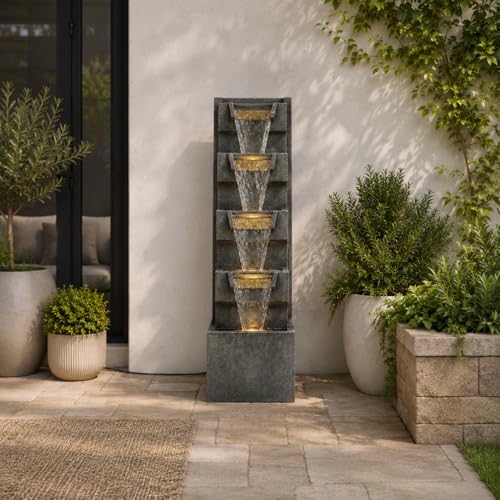 Outdoor Water Fountain, 39 Inch Resin Tiered Waterfall Fountain with Warm LED Lights and Plug-in Pump, Freestanding Cascading Water Feature for Patios, Gardens and Outdoor Living Spaces - Image 7
