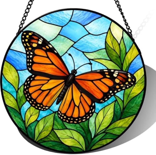 Monarch Butterfly Stained Glass Suncatcher Window Hanging, Vibrant Floral Art Decor, Unique Gift for Mom, Grandma, Her, Nature Lover, Home Garden Ornament, New Home 9.8 Inch by Unknown