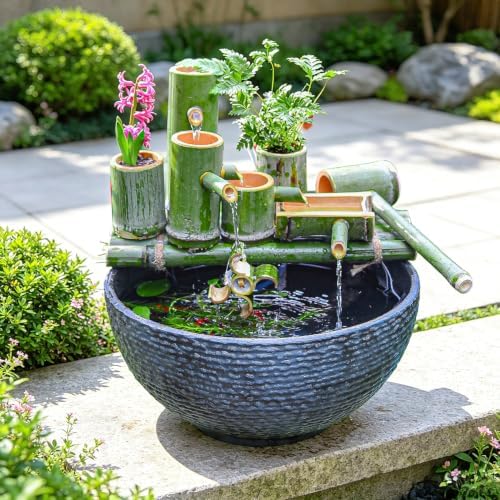 Sungmor Large Garden Bowl Planter Water Plant Pot, Miniature Landscaping Succulent Planter, 15.6 Inch Marble Texture Water Lily Pots, Small Fountain Base Mini Fish Pond Bird Bath - Image 3