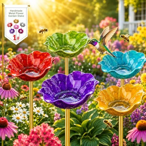 Metal Flower Garden Stakes, Mini Bird Bath and Bee Watering Station with Detachable Copper-Tone Stake, Shallow Alloy Flower Bowl for Garden Yard Patio Butterfly Puddler Decor Gift (Randomcolor, 5 Pcs) by Unknown