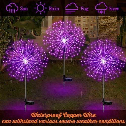 Tujoe 4 Pack Halloween Outdoor Decoration Solar Firework Lights,Purple - Image 3