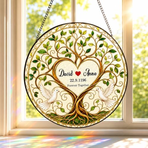 Personalized Anniversary Stained Glass Suncatcher, Tree of Life Couple Window Hanging Decor, Custom Anniversary Wedding Gift for Wife Husband Couple Keepsakes Love Birds Home Decor Bride Groom 11.81" by Unknown