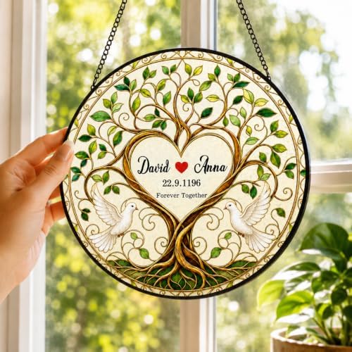 Personalized Anniversary Stained Glass Suncatcher, Tree of Life Couple Window Hanging Decor, Custom Anniversary Wedding Gift for Wife Husband Couple Keepsakes Love Birds Home Decor Bride Groom 11.81" - Image 2