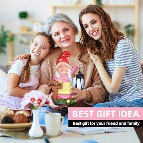 12.4" Solar Garden Gnome Statue with LED Lantern Welcome Sign, Pink - Image 7