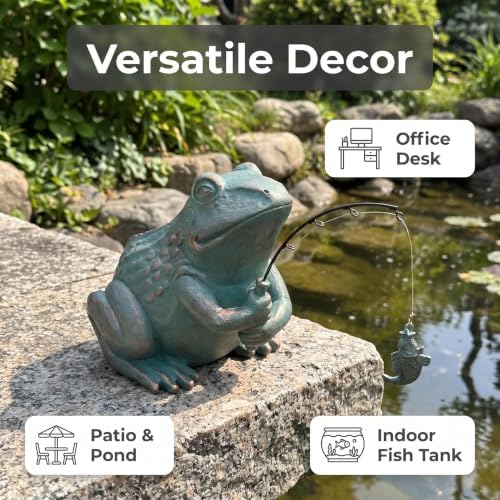 Larger Frog Statues Outdoor Garden Decor - 8.3" Antique Copper Fishing Frog Statue Outdoor Garden Statue & Koi Pond Decor, Animals Sculpture Accessory for Patio, Lawn, Yard Decoration, Gift for Mom - Image 2
