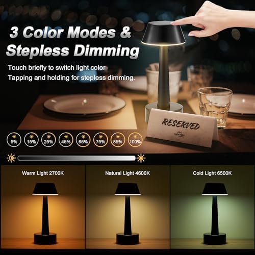 2 Pack Small Cordless Table Lamp for Restaurant, Black Metal Lamp - Image 4