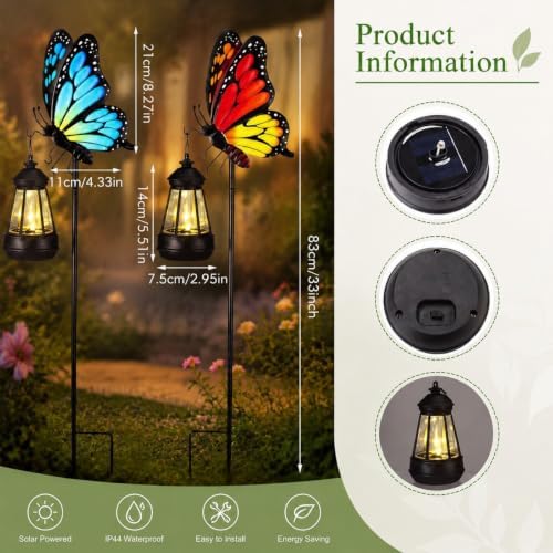Butterfly 2 Pcs Solar Garden Outdoor Lights Decor Waterproof 33in - Image 2
