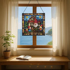 Gnome with Seasonal Celebration Stained Glass Suncatcher – Square Hanging Window Panel for Home, Garden, Nursery, Halloween, Christmas, Memorial Day – Whimsical Glass Art Gift for Gnome Lovers p7qbtj - Image 6