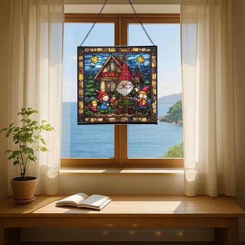 Gnome with Seasonal Celebration Stained Glass Suncatcher – Square Hanging Window Panel for Home, Garden, Nursery, Halloween, Christmas, Memorial Day – Whimsical Glass Art Gift for Gnome Lovers p7qbtj - Image 6