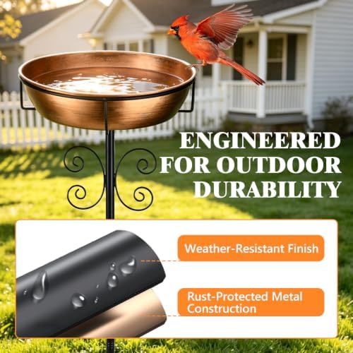 Btefd 3" Deep 43" Tall Copper Metal Bird Bath for Outdoor, 12" Dia Removable Bird Baths Water Bowl for Outside, Standing Birdbaths with Stable Stake for Garden Yard Lawn Decor 1.4 Gallon - Image 6