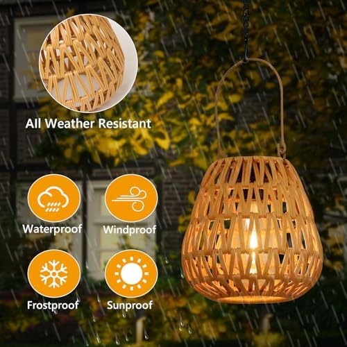 2 Pack Solar Lights Outdoor Waterproof, Rattan Solar Lantern, Hanging Outdoor Solar Lights for Yard, Outdoor Solar Lanterns Decorative, Garden Lights Solar Powered for Tree, Patio, Table Lantern Decor - Image 3