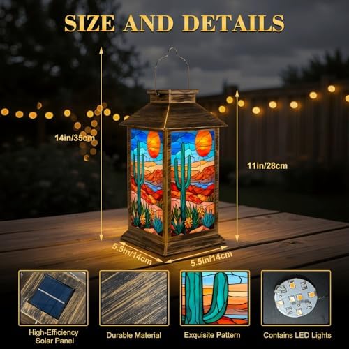 Solar Lantern Outdoor Waterproof Desert Landscape Stained Glass Cactus Sun Vibrant Southwestern Colors Garden Decor LED Hanging Solar Lights Tabletop Lamp Gifts for Women Mom Outside Yard Patio Porch - Image 2