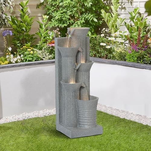 5 Tiered Waterfall Fountains, Bowl Water Fountain with LED Lights, Floor Garden Waterfalls Outside, Modern Cascading Flow Fountain for Garden, Yard, Patio, Home Decor (Light Grey) by Unknown