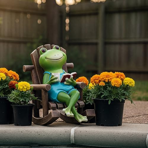 Flytime Frog Garden Decor, Frog in Rocking Chair, Whimsical Outdoor Statue - Image 2