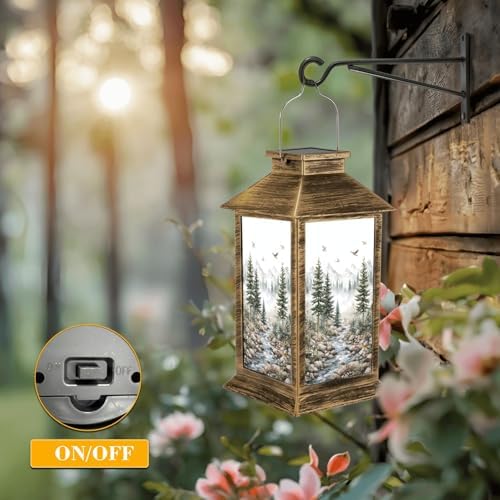 Solar Lantern Outdoor Waterproof Green Forest Woodland Nursery Room Pine Trees Mountains Fog Birds Garden Decor LED Solar Lights Hanging/Tabletop Lamp Gifts for Women Mom for Outside Yard Patio - Image 5
