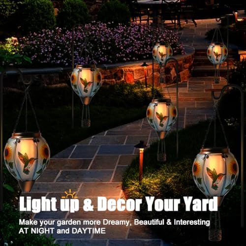Hot Air Balloon Solar Lantern - Hummingbird Glass Lantern, Simulated Flickering & Dancing Flame, Outdoor Hanging Sunflower Yard Light Waterproof IP65 for Patio Lawn Porch Decor Gift - Image 5