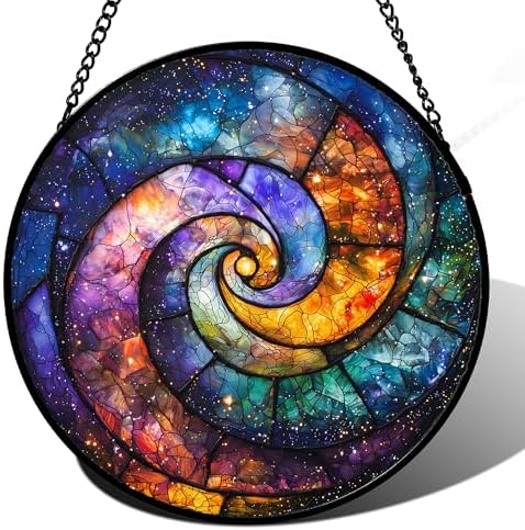 Stained Glass Window Hanging, Blue Orange Starry Sky Sun Catcher for Door Terrace Garden Home Decor, Abstract Universe Suncatcher Birthday Gifts for Lovers Women Men Dad Mom Nana 15 in by JOSUMALY